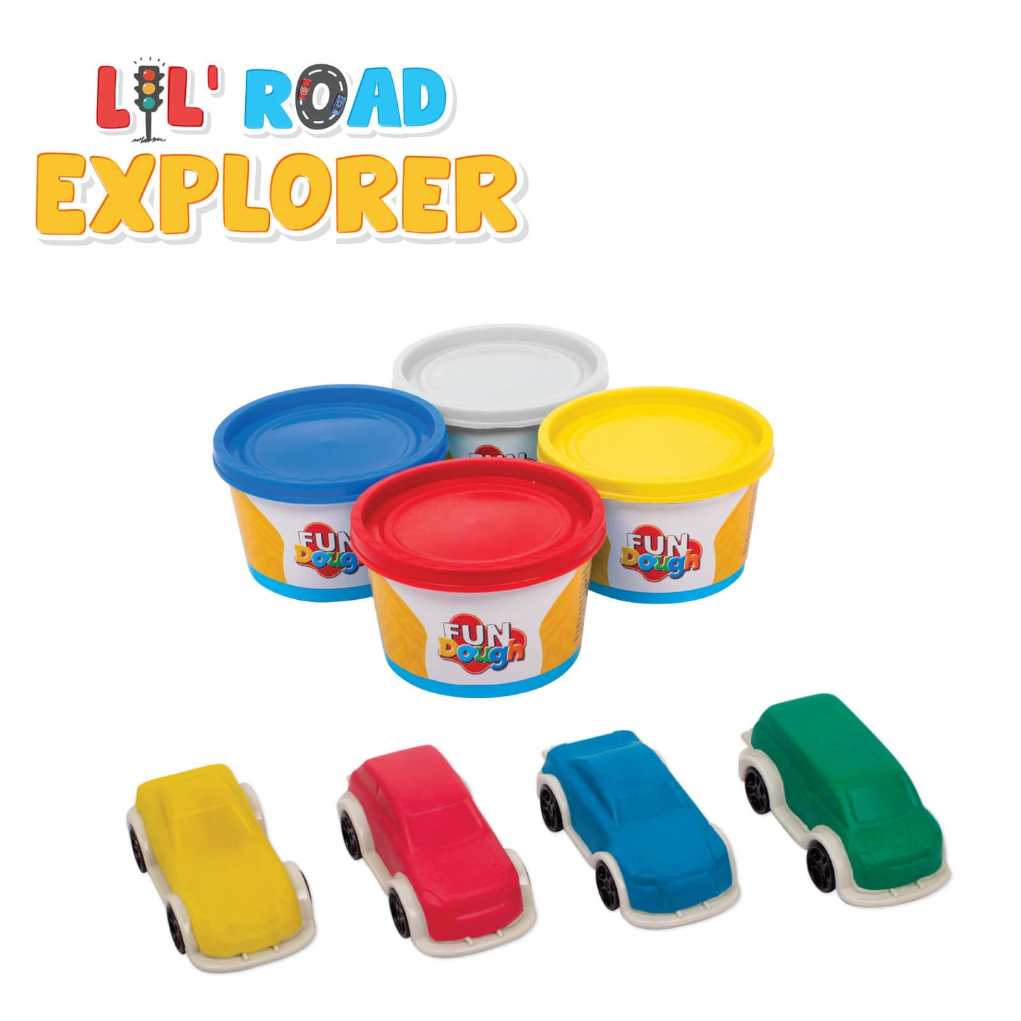 Fundough Funskool Lil Road Explorer, Play Set for Kid, 4 Colorful Tubs of 75g Each (300g Total), Learning, Fun & Engaging Activity, Multicolour, Gift Set for Kids, Age 3+ Years