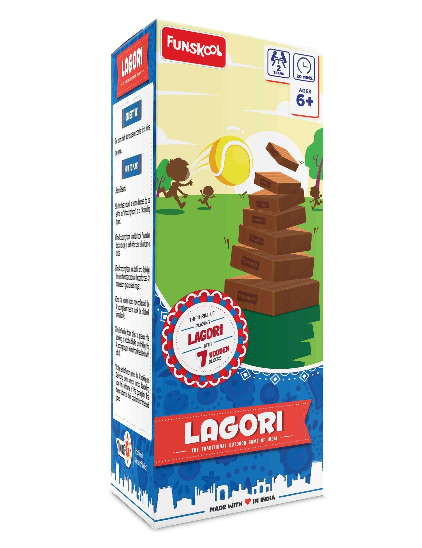 Funskool Games Lagori | The Traditional Outdoor Games of India | Classic Seven Stones Game | Premium Wood Blocks and Ball Included | Kids and Family | 2 Teams | 6 & Above (Multicolor)