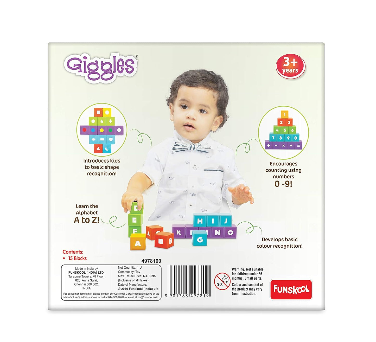Funskool Giggles, Learning Blocks, Educational Blocks, Teaches Alphabet,Numbers,Shapes & Colours, 3 Years & Above, Preschool Toys, Multicolor