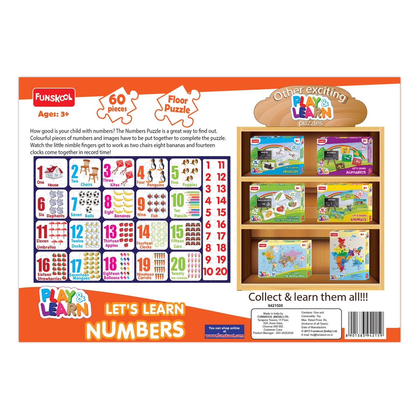 Funskool Play & Learn-Numbers,Educational,60 Pieces,Puzzle,For 3 Year Old Kids And Above,Toy,Multicolor
