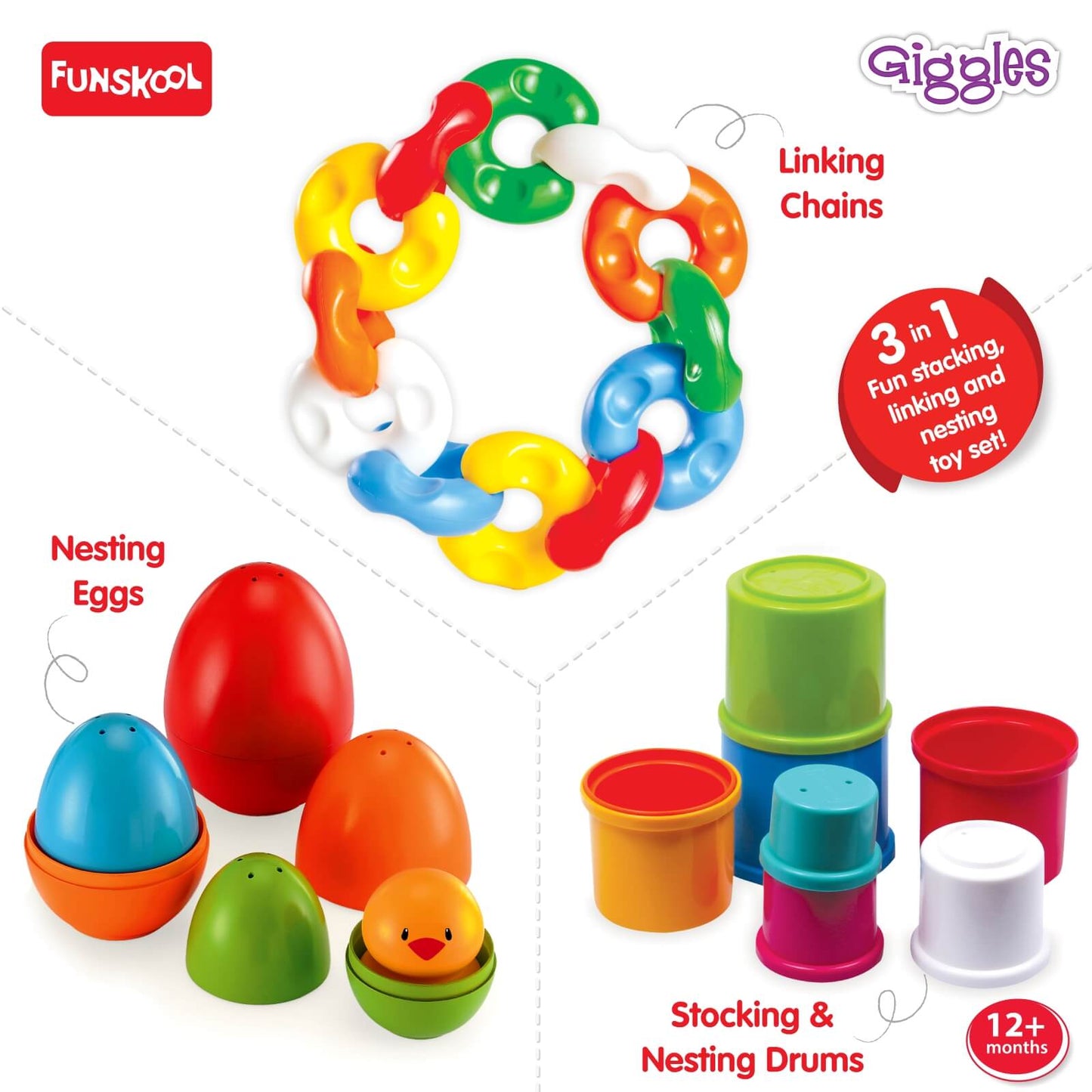 Giggles Funskool Link Stack N Nest, Nesting & Stackable Toy Blocks for Kids, Encourages Learning & Development, Fun Activity for Babies, Gift Set for Kid, Age 6+ Months