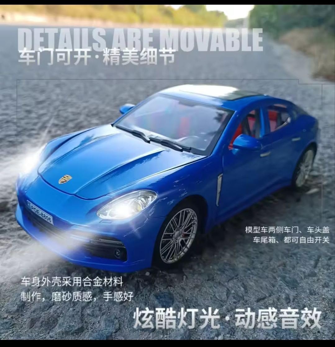 Die-Cast Porschee Panamerra Model Car, 1:18 Scale, Metallic Blue, Opening Doors and Hood