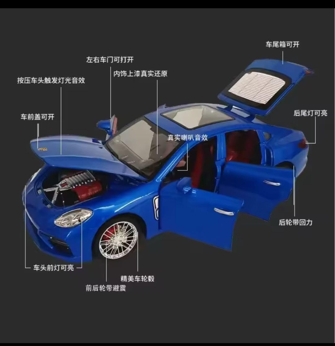 Die-Cast Porschee Panamerra Model Car, 1:18 Scale, Metallic Blue, Opening Doors and Hood