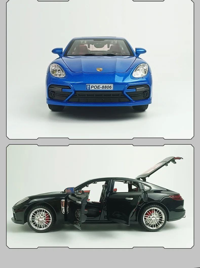 Die-Cast Porschee Panamerra Model Car, 1:18 Scale, Metallic Blue, Opening Doors and Hood