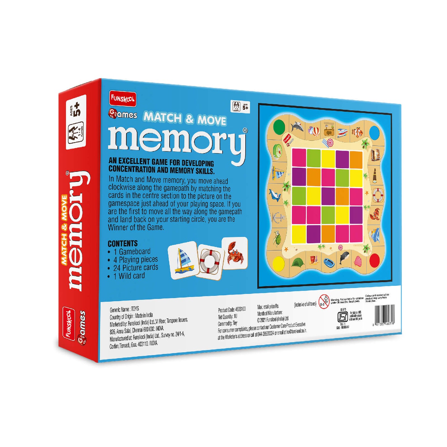 Funskool Match & Move Memory, Strategy Game, Card Game, Board Game for Kids, Adults, Families, Educational, Fun, 1 to 4 Players, Family Fun, Gift Set for Kid, Age 5+ Years