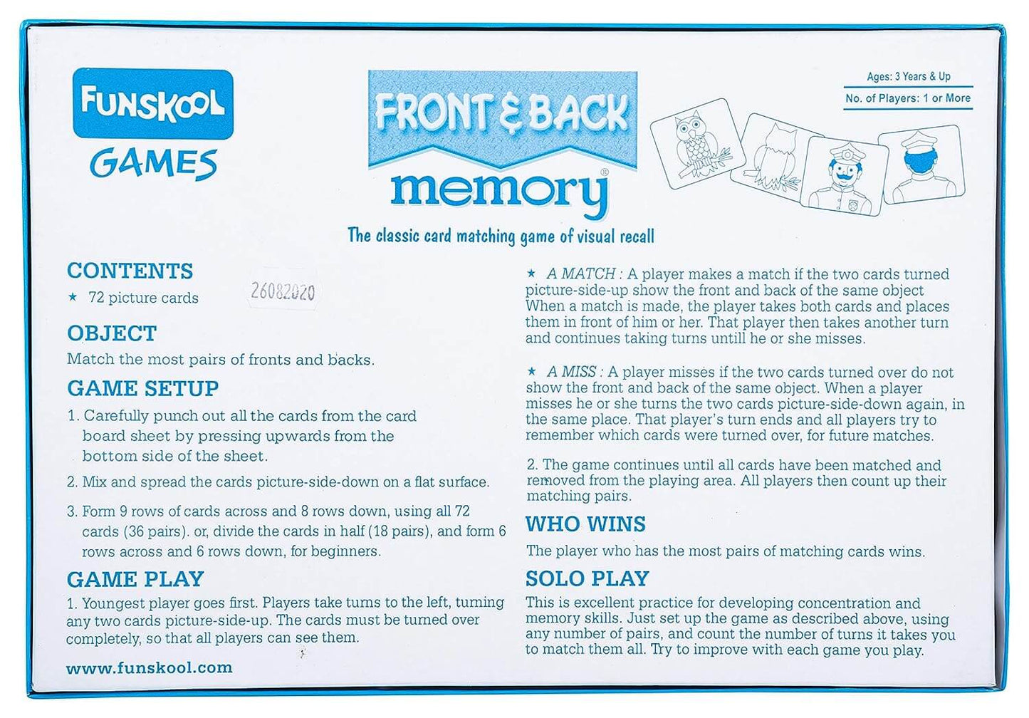 Funskool Games - Memory Front And Back, Educational matching picture game for children, kids & family, 1 - 4 players, 5 & above