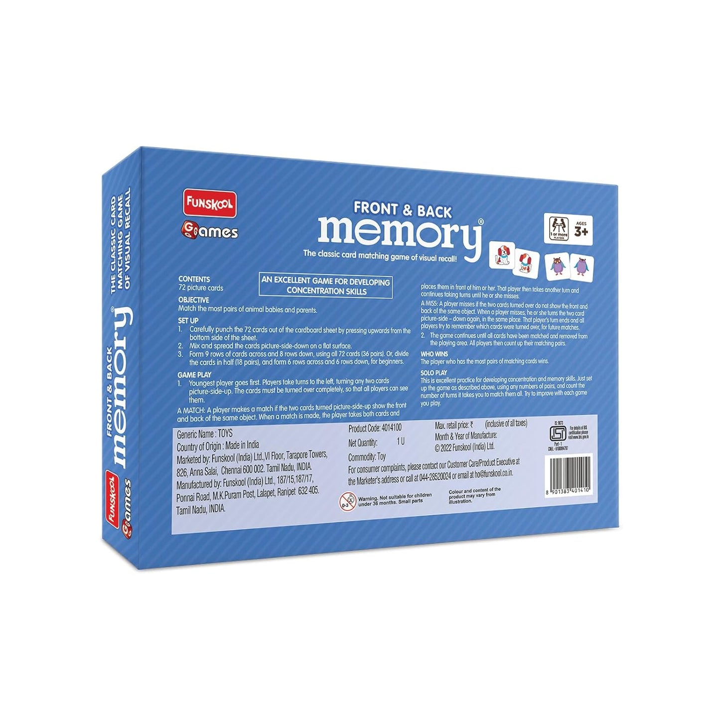Funskool Games - Memory Front And Back, Educational matching picture game for children, kids & family, 1 - 4 players, 5 & above