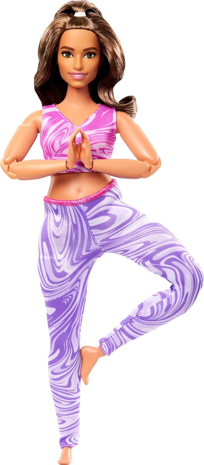 Barbie Made to Move Fashion Doll with Curvy Body & Brunette Hair Wearing Removable Pink Sports Top & Purple Yoga Pants, 22 Bendable “Joints”