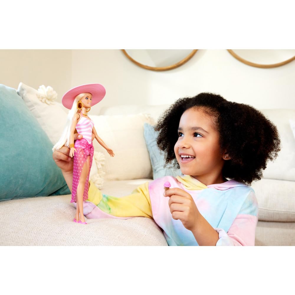 Barbie Blonde Doll with Pink and White Swimsuit, Sun Hat, Tote Bag and Beach-Themed Accessories