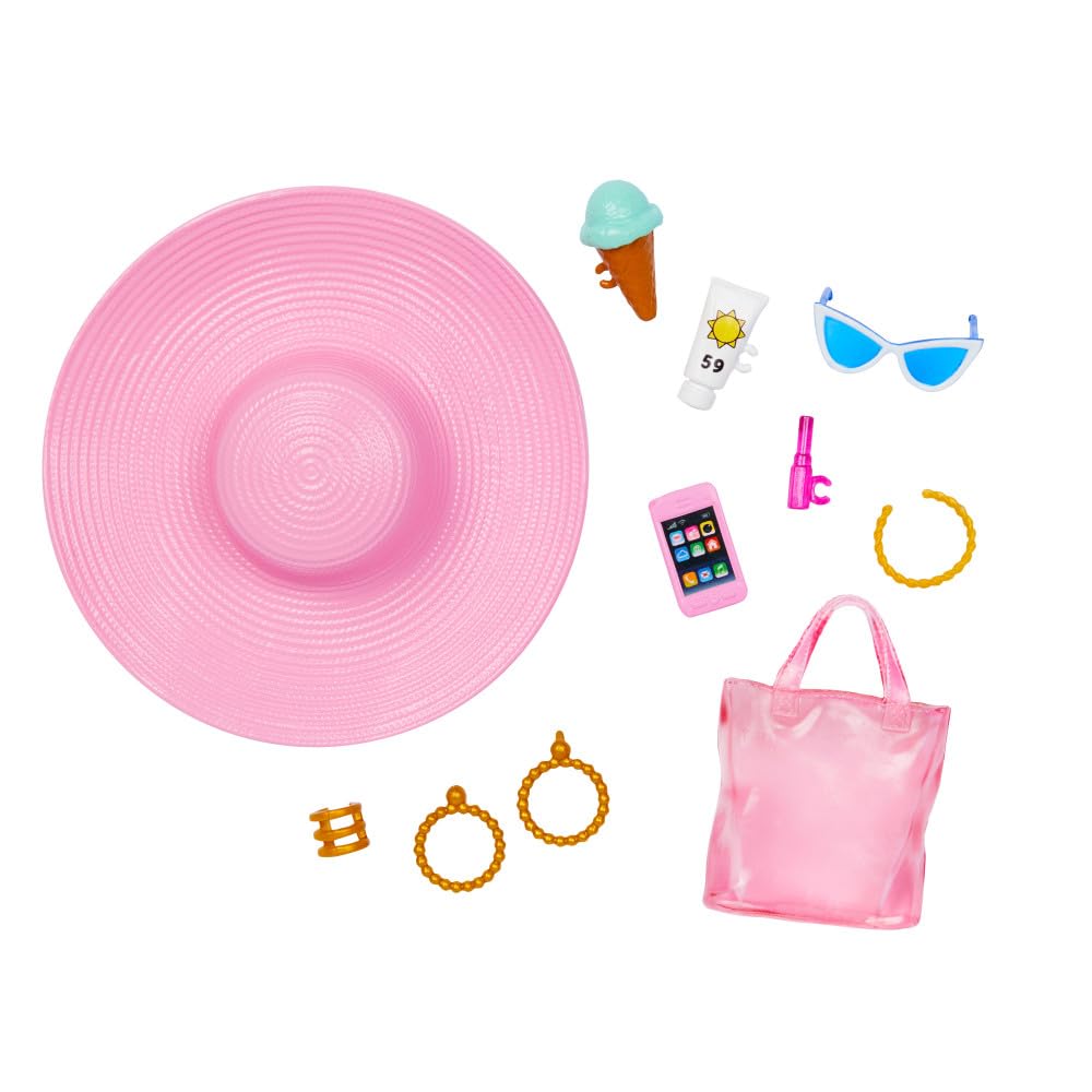Barbie Blonde Doll with Pink and White Swimsuit, Sun Hat, Tote Bag and Beach-Themed Accessories