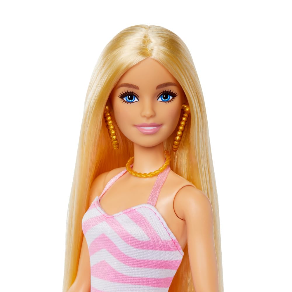 Barbie Blonde Doll with Pink and White Swimsuit, Sun Hat, Tote Bag and Beach-Themed Accessories