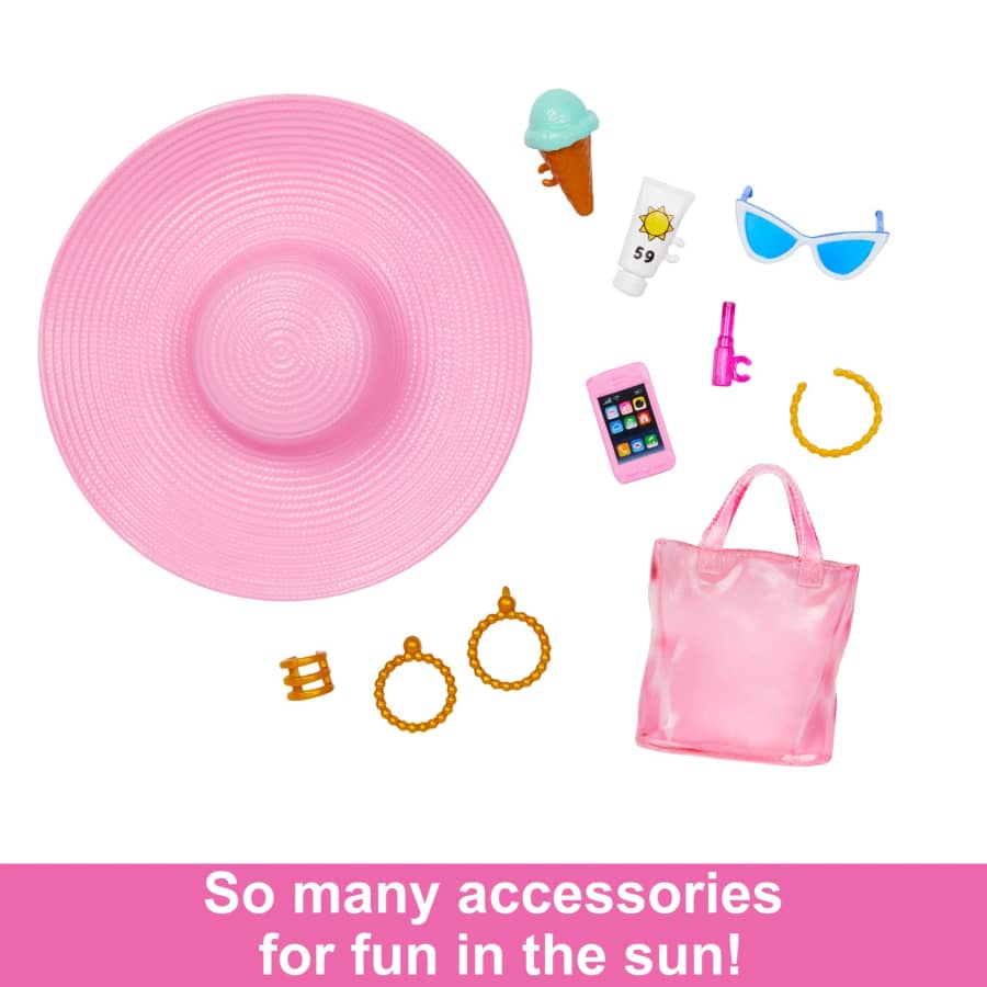 Barbie Blonde Doll with Pink and White Swimsuit, Sun Hat, Tote Bag and Beach-Themed Accessories