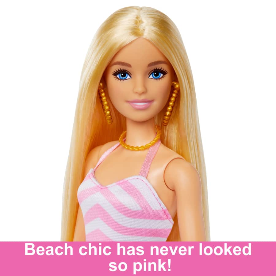 Barbie Blonde Doll with Pink and White Swimsuit, Sun Hat, Tote Bag and Beach-Themed Accessories