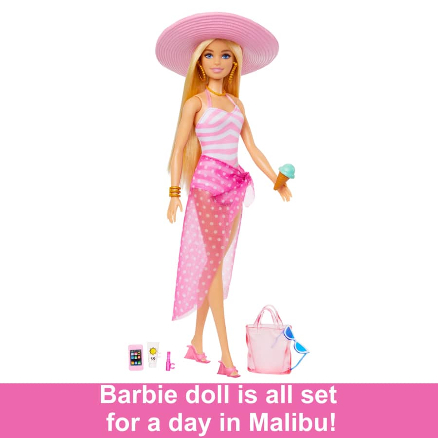 Barbie Blonde Doll with Pink and White Swimsuit, Sun Hat, Tote Bag and Beach-Themed Accessories