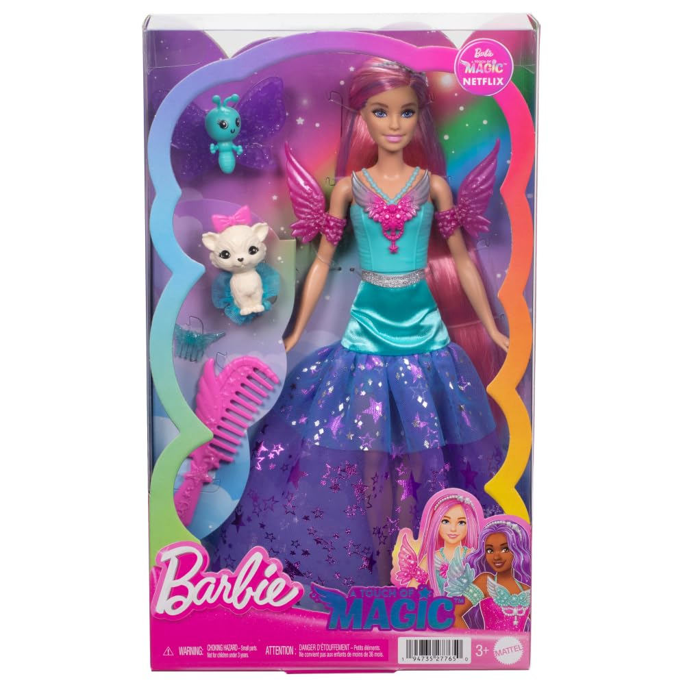 Barbie Doll with 2 Fantasy Pets & Dress, Malibu” Doll from A Touch of Magic™, 7-inch Long Hair