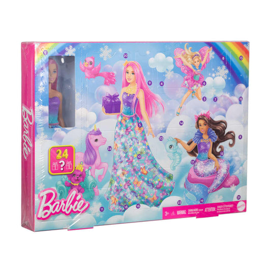 Barbie Advent calendar with doll and 24 surprise accessories with unicorn and 3 animals, fashionable pink hair doll can be turned into a mermaid, fairy and more, HRG90