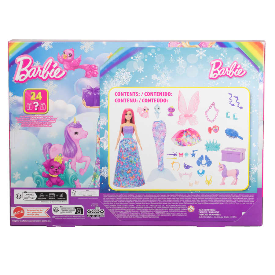 Barbie Advent calendar with doll and 24 surprise accessories with unicorn and 3 animals, fashionable pink hair doll can be turned into a mermaid, fairy and more, HRG90