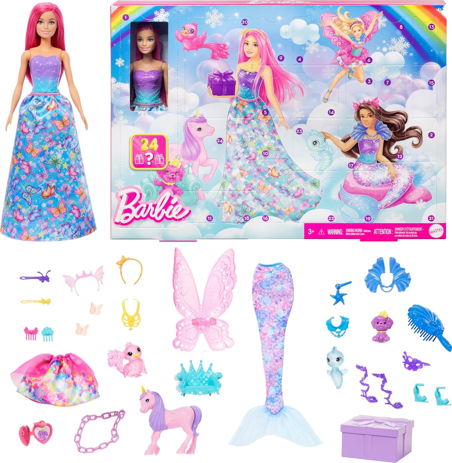 Barbie Advent calendar with doll and 24 surprise accessories with unicorn and 3 animals, fashionable pink hair doll can be turned into a mermaid, fairy and more, HRG90