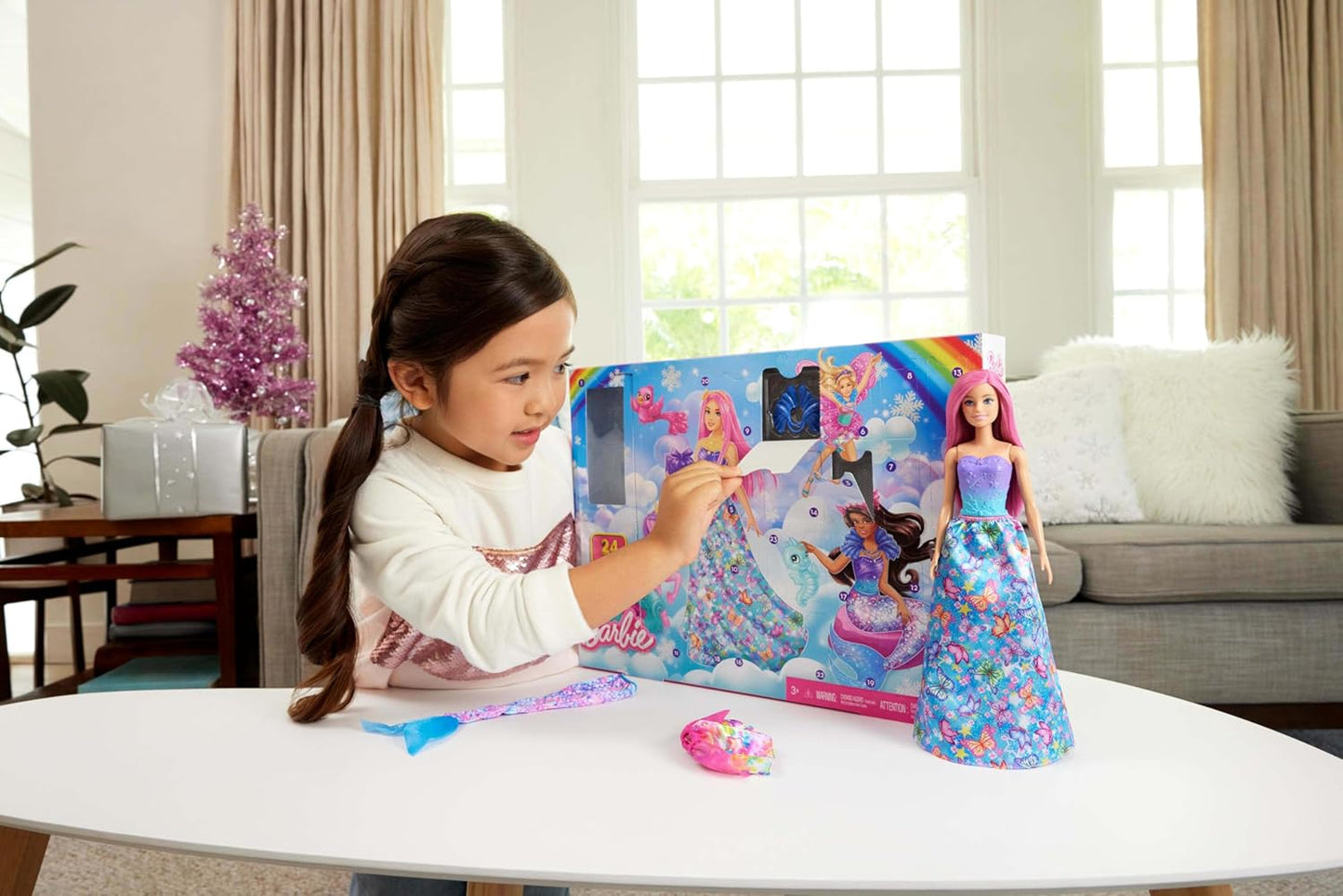 Barbie Advent calendar with doll and 24 surprise accessories with unicorn and 3 animals, fashionable pink hair doll can be turned into a mermaid, fairy and more, HRG90