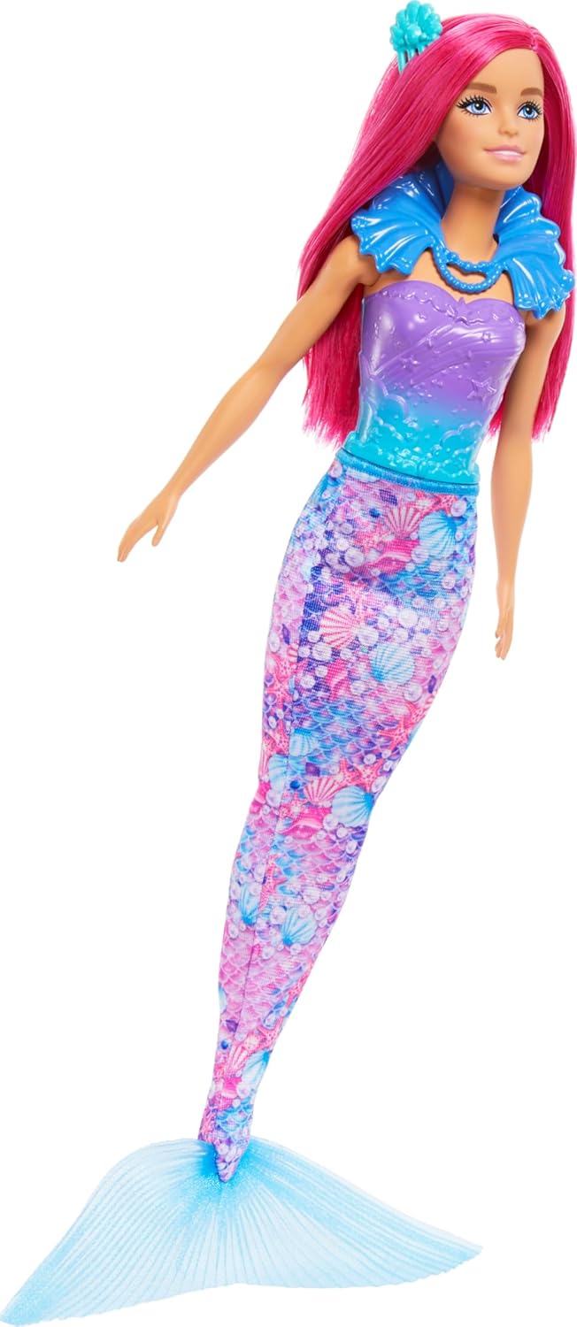 Barbie Advent calendar with doll and 24 surprise accessories with unicorn and 3 animals, fashionable pink hair doll can be turned into a mermaid, fairy and more, HRG90