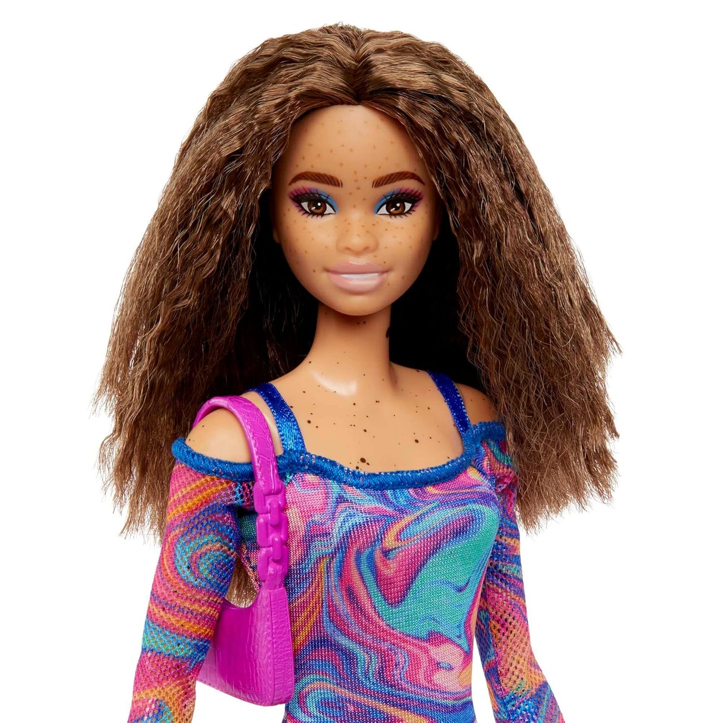 Barbie® Fashionistas™ Doll #206 with Crimped Hair and Freckles, Wearing Rainbow Marble-Print Dress with Green Mules and Purse