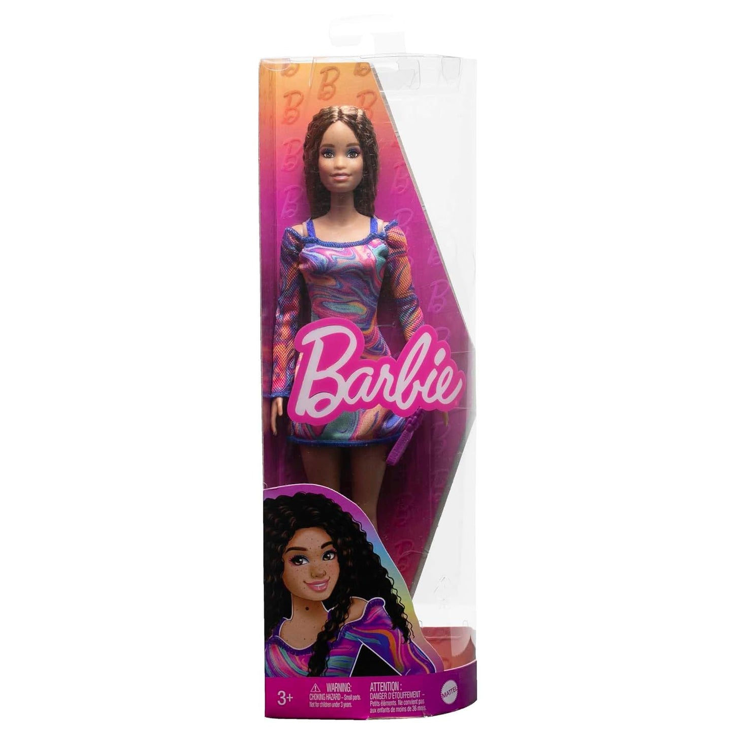 Barbie® Fashionistas™ Doll #206 with Crimped Hair and Freckles, Wearing Rainbow Marble-Print Dress with Green Mules and Purse
