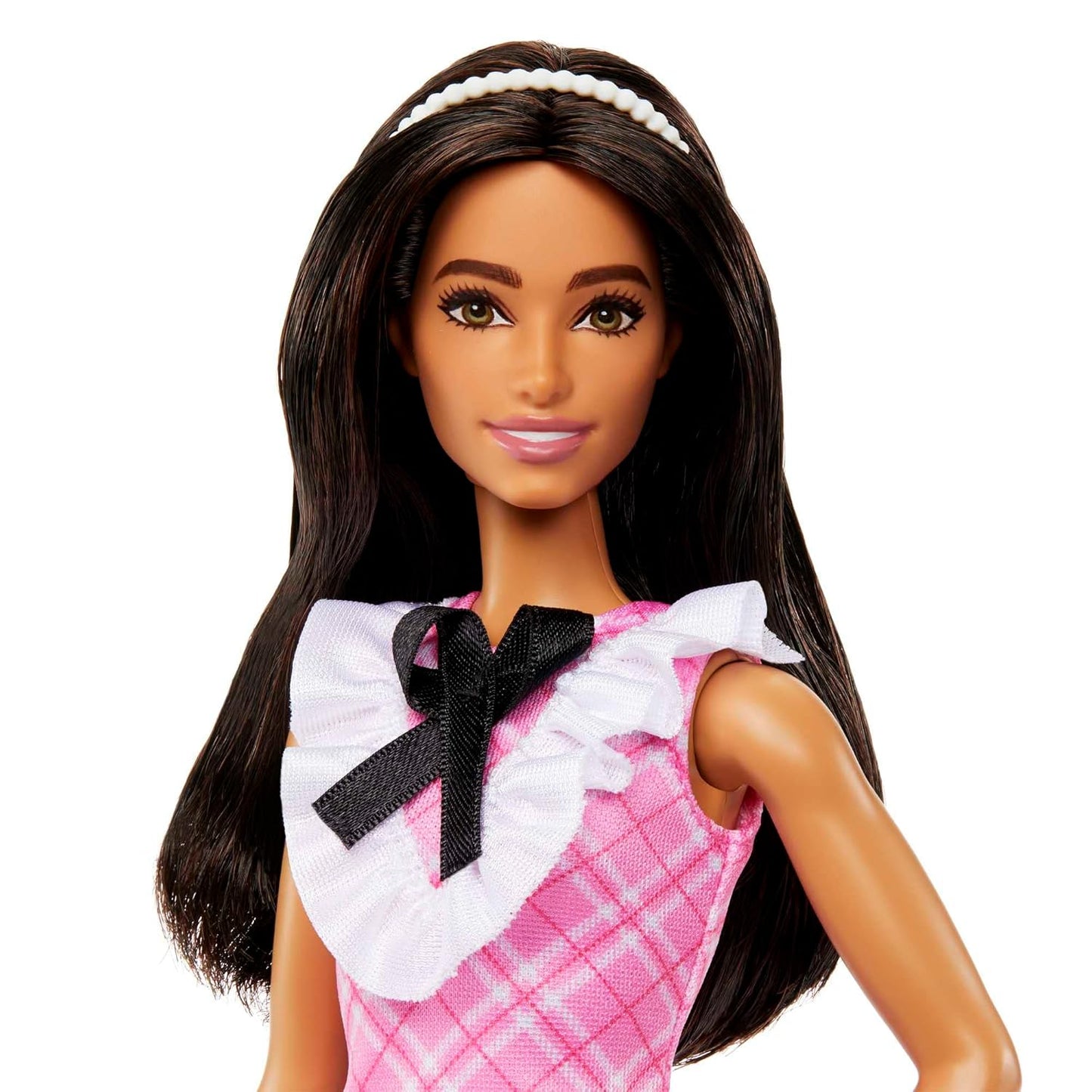 Barbie® Fashionistas™ Doll #209 with Black Hair Wearing a Pink Plaid Dress, Pearlescent Headband and Strappy Heels