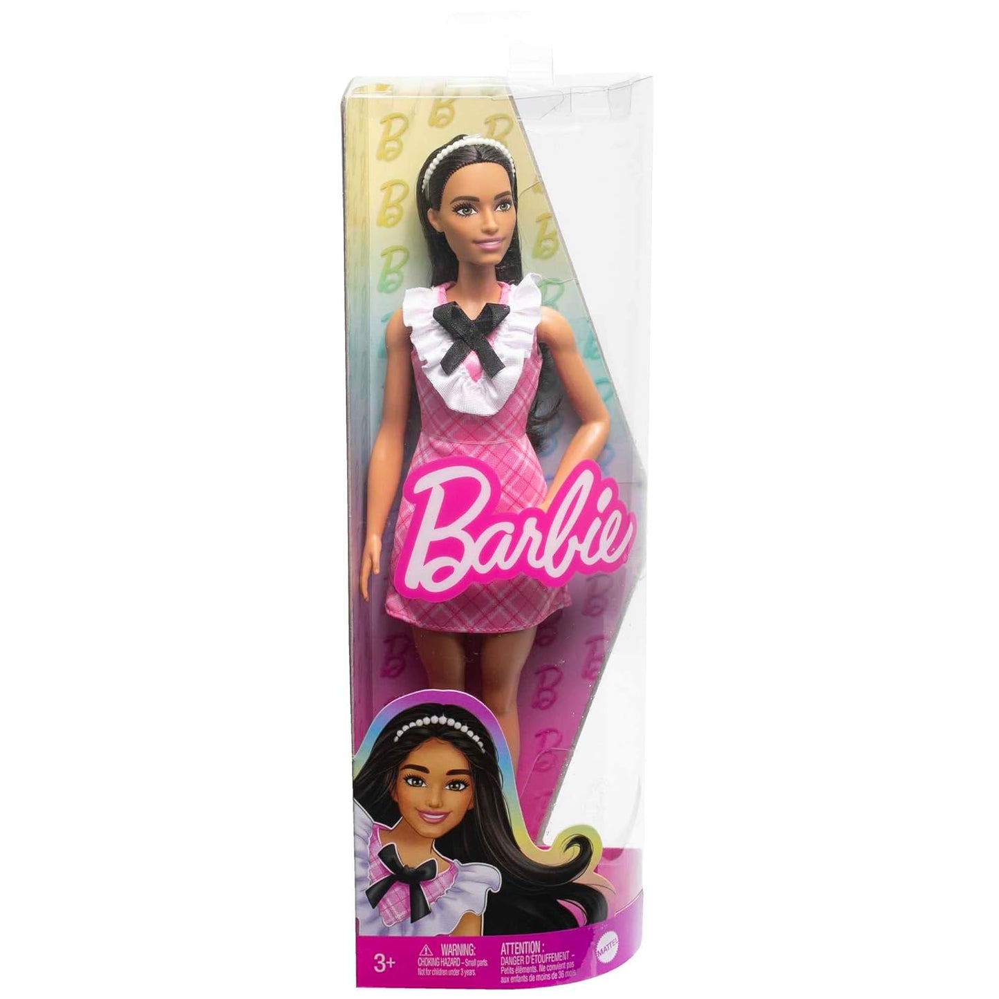 Barbie® Fashionistas™ Doll #209 with Black Hair Wearing a Pink Plaid Dress, Pearlescent Headband and Strappy Heels