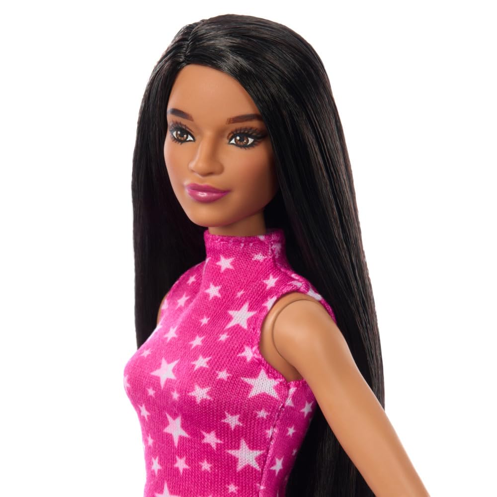 Barbie Fashionistas Doll #215 with Black Straight Hair, Pink Star-Print Top & Iridescent Skirt, 65th Anniversary Collectible Fashion Doll