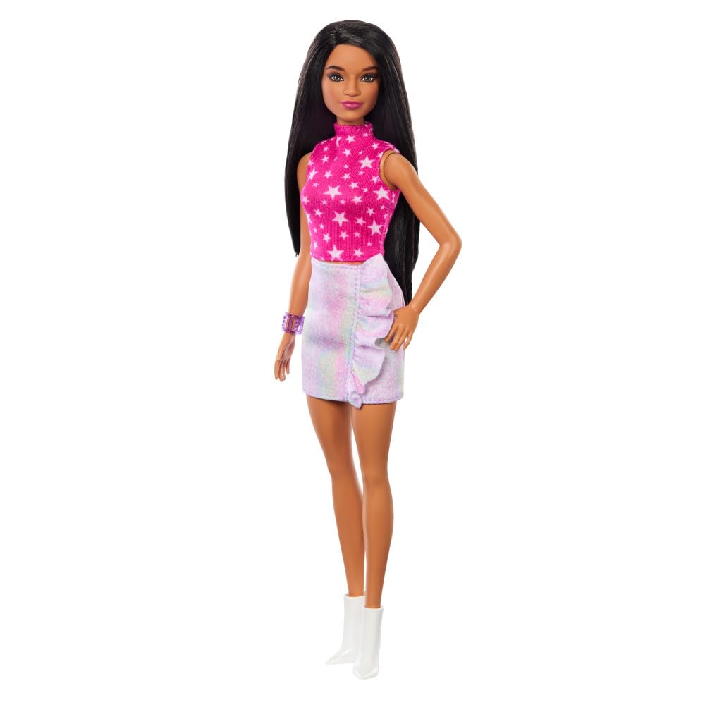 Barbie Fashionistas Doll #215 with Black Straight Hair, Pink Star-Print Top & Iridescent Skirt, 65th Anniversary Collectible Fashion Doll