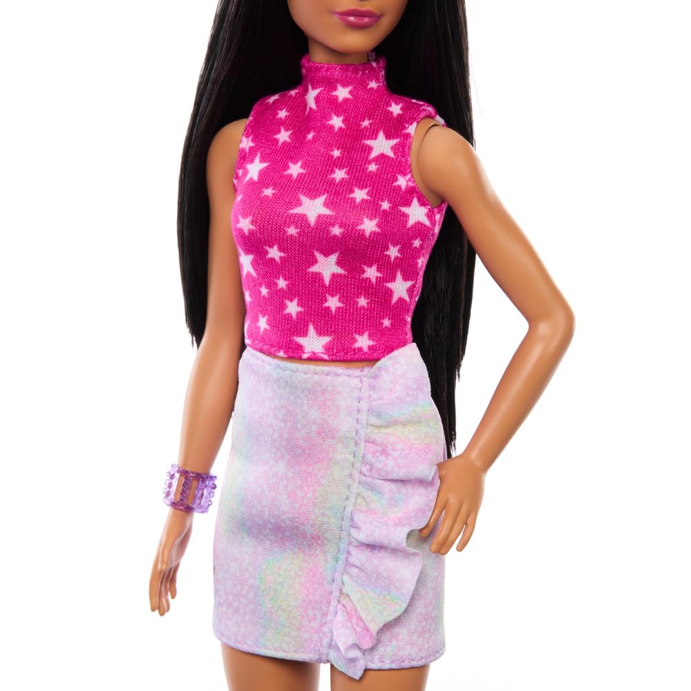 Barbie Fashionistas Doll #215 with Black Straight Hair, Pink Star-Print Top & Iridescent Skirt, 65th Anniversary Collectible Fashion Doll
