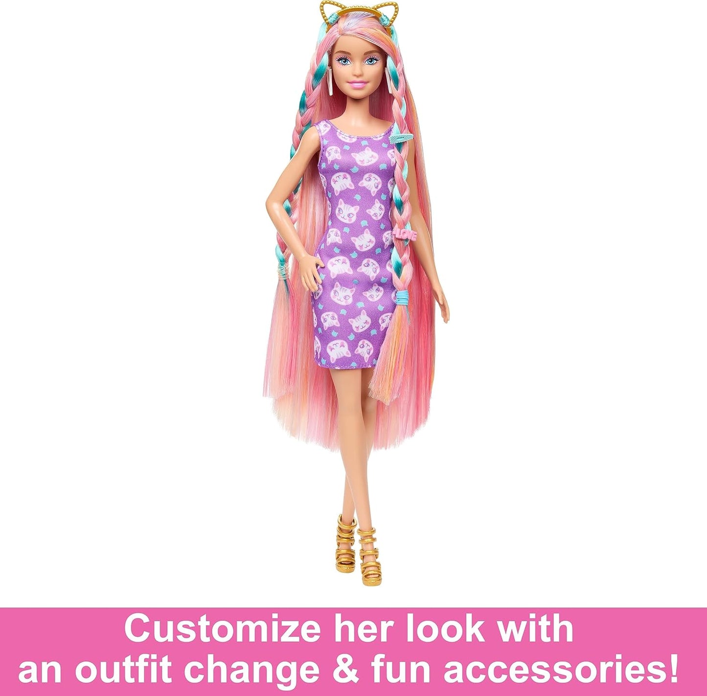 Barbie® Doll, Fun & Fancy™ Hair with Extra-Long Colorful Blonde Hair and Glossy Pink Dress, 10 Hair and Fashion Play Accessories