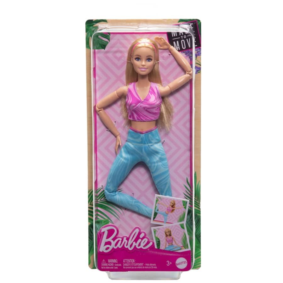 Barbie Made to Move Fashion Doll with Blonde Hair Wearing Removable Pink Sports Top & Blue Yoga Pants, 22 Bendable “Joints”