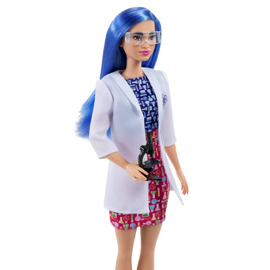 Barbie Scientist Doll (12 inches), Blue Hair, Color Block Dress, Lab Coat & Flats, Microscope Accessory, Great Gift for Ages 3 Years Old & Up