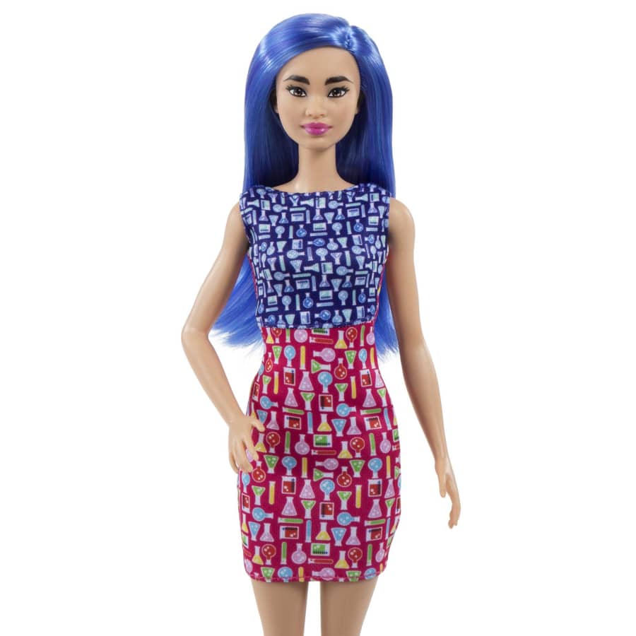 Barbie Scientist Doll (12 inches), Blue Hair, Color Block Dress, Lab Coat & Flats, Microscope Accessory, Great Gift for Ages 3 Years Old & Up