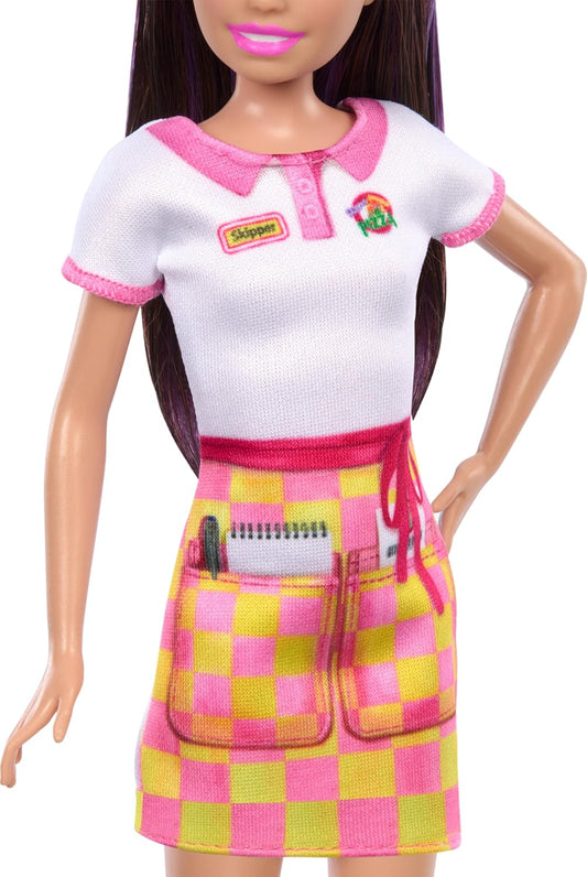 Barbie Skipper Doll with Accessories, Pizzeria Waitress Doll with Pizza & Takeout Box, Brown Eyes & Blue Eyes Doll