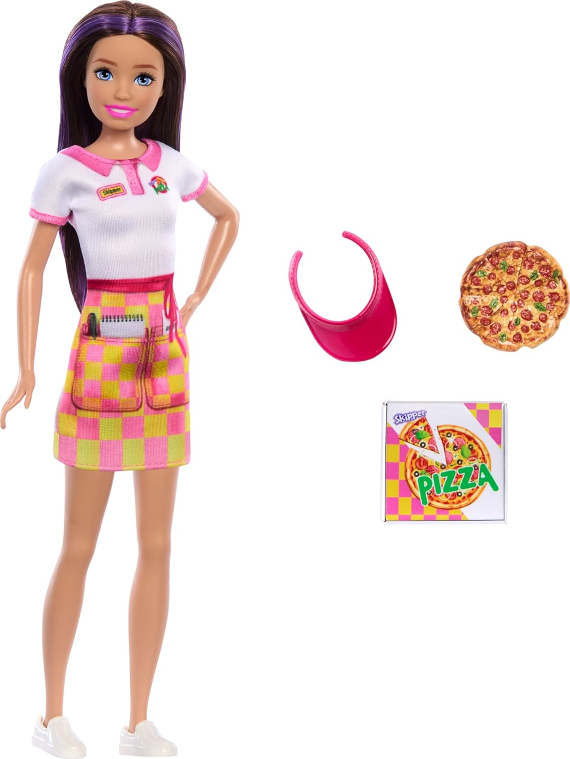 Barbie Skipper Doll with Accessories, Pizzeria Waitress Doll with Pizza & Takeout Box, Brown Eyes & Blue Eyes Doll