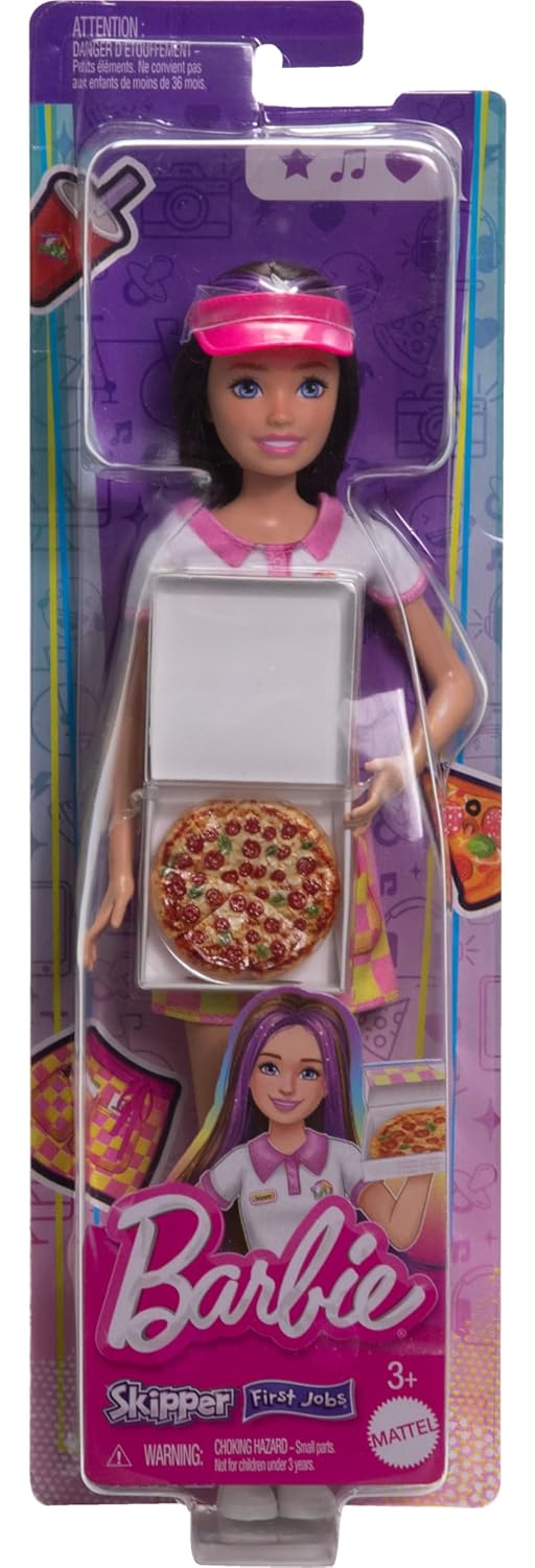 Barbie Skipper Doll with Accessories, Pizzeria Waitress Doll with Pizza & Takeout Box, Brown Eyes & Blue Eyes Doll