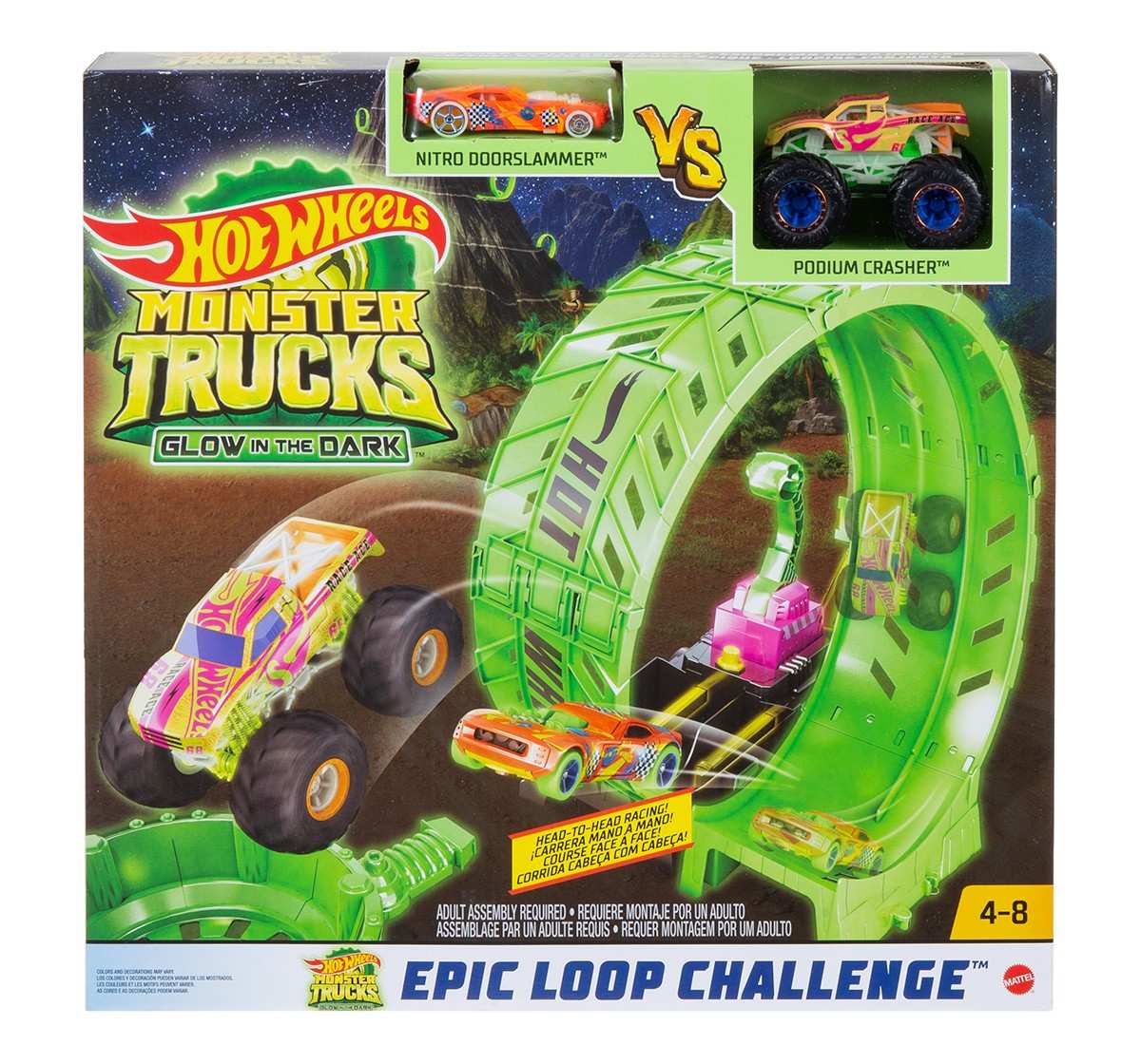 Hot Wheels® Monster Trucks Glow in The Dark Epic Loop Challenge™ Playset with Launcher, Ramp & Giant Loop, Includes 1 1:64 Scale Die-Cast Truck & 1 Car, Toy Gift for Kids 4 to 8 Years Old