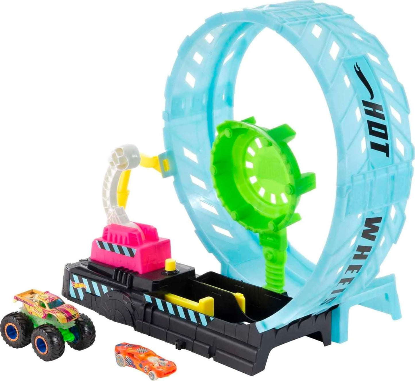 Hot Wheels® Monster Trucks Glow in The Dark Epic Loop Challenge™ Playset with Launcher, Ramp & Giant Loop, Includes 1 1:64 Scale Die-Cast Truck & 1 Car, Toy Gift for Kids 4 to 8 Years Old