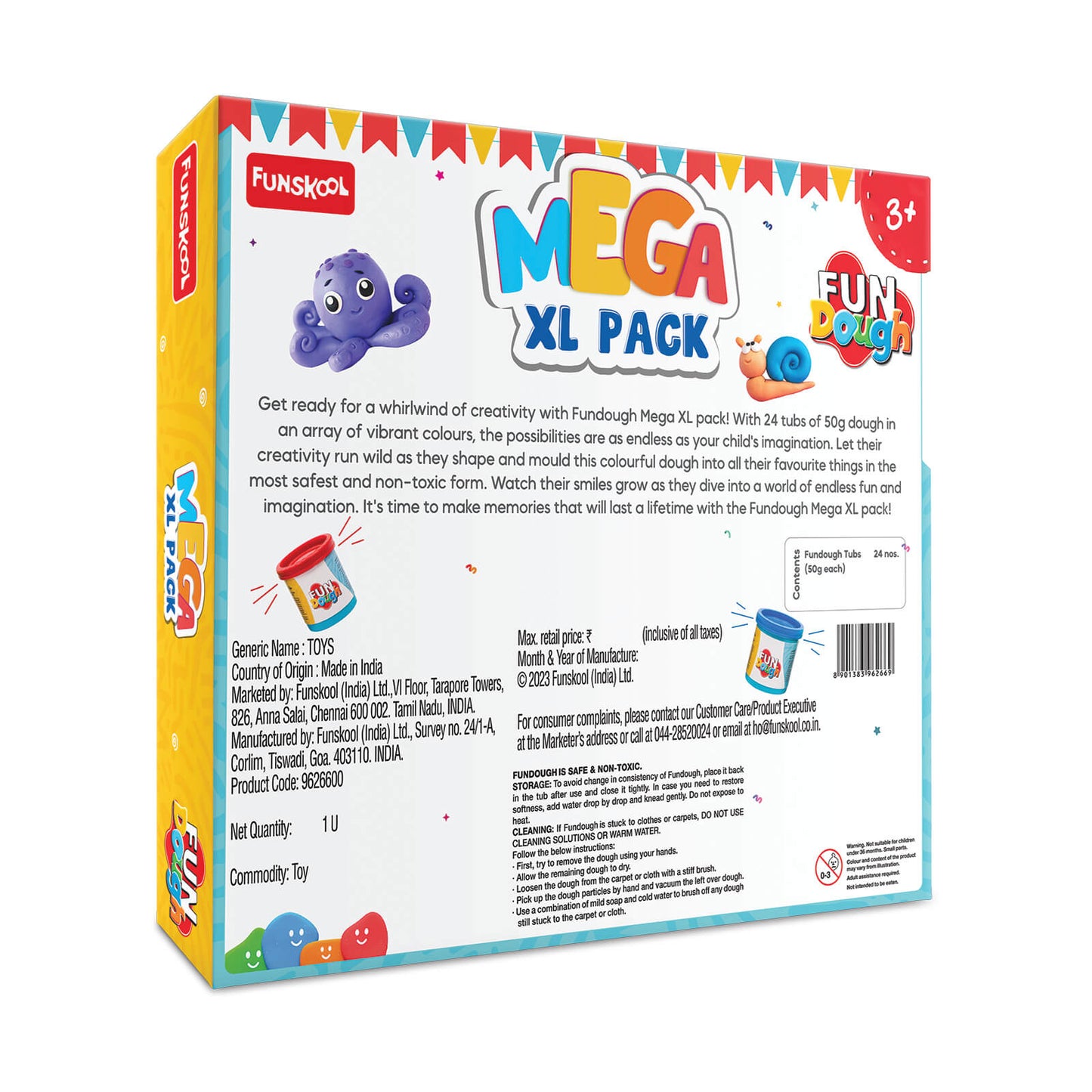 Fundough Funskool Mega XL Pack, Play Dough, Art and Craft Set for Kid, 24 Colorful Tubs of 25g Each (600g Total), Learning, Fun & Engaging, Multicolour, Gift Set for Kids, Age 3+ Years