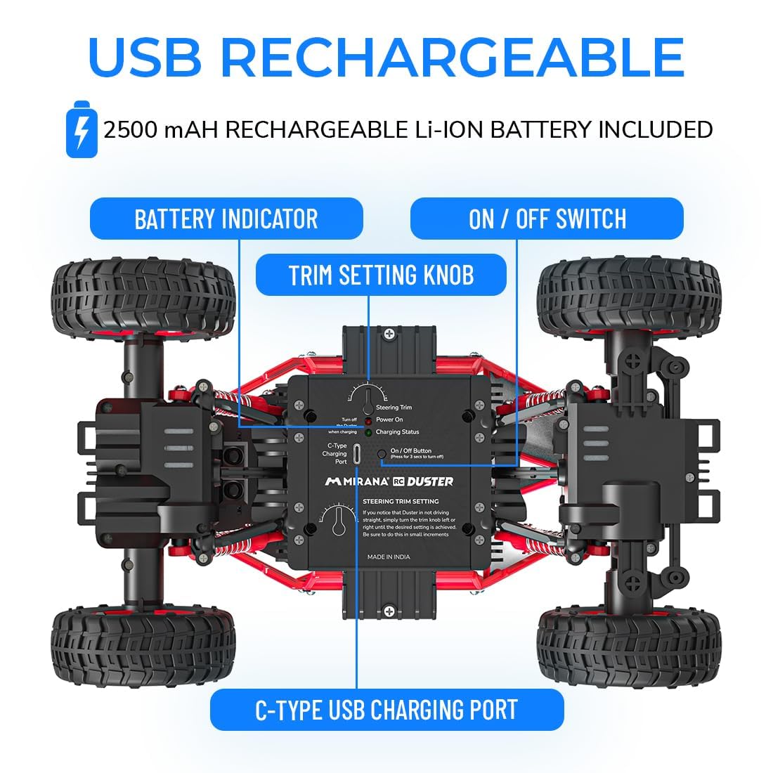 Varrnii ENTERPRISE! Duster C-Type USB Rechargeable 4x4 RC Car | Car with Nitro Boost, Spring Suspensions | 4WD Rock Crawler | Fun RC Toy Gift for Kids (4 Wheel Drive)