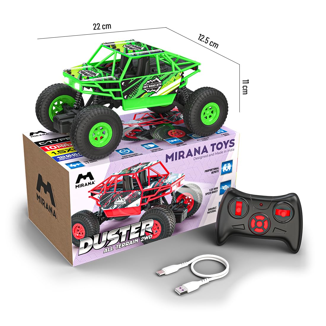 Mirana Duster 2WD Rock Crawler 4x4 | Rechargeable Offroad Monster Truck | High Speed ATV RC Car with Nitro Boost | Remote Control Car Toys for Kids | Made in India (2 Wheel Drive, Green)