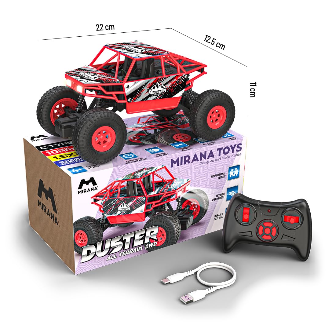Mirana Duster 2WD Rock Crawler 4x4 | Rechargeable Offroad Monster Truck | High Speed ATV RC Car with Nitro Boost | Remote Control Car Toys for Kids | Made in India (2 Wheel Drive, Green)