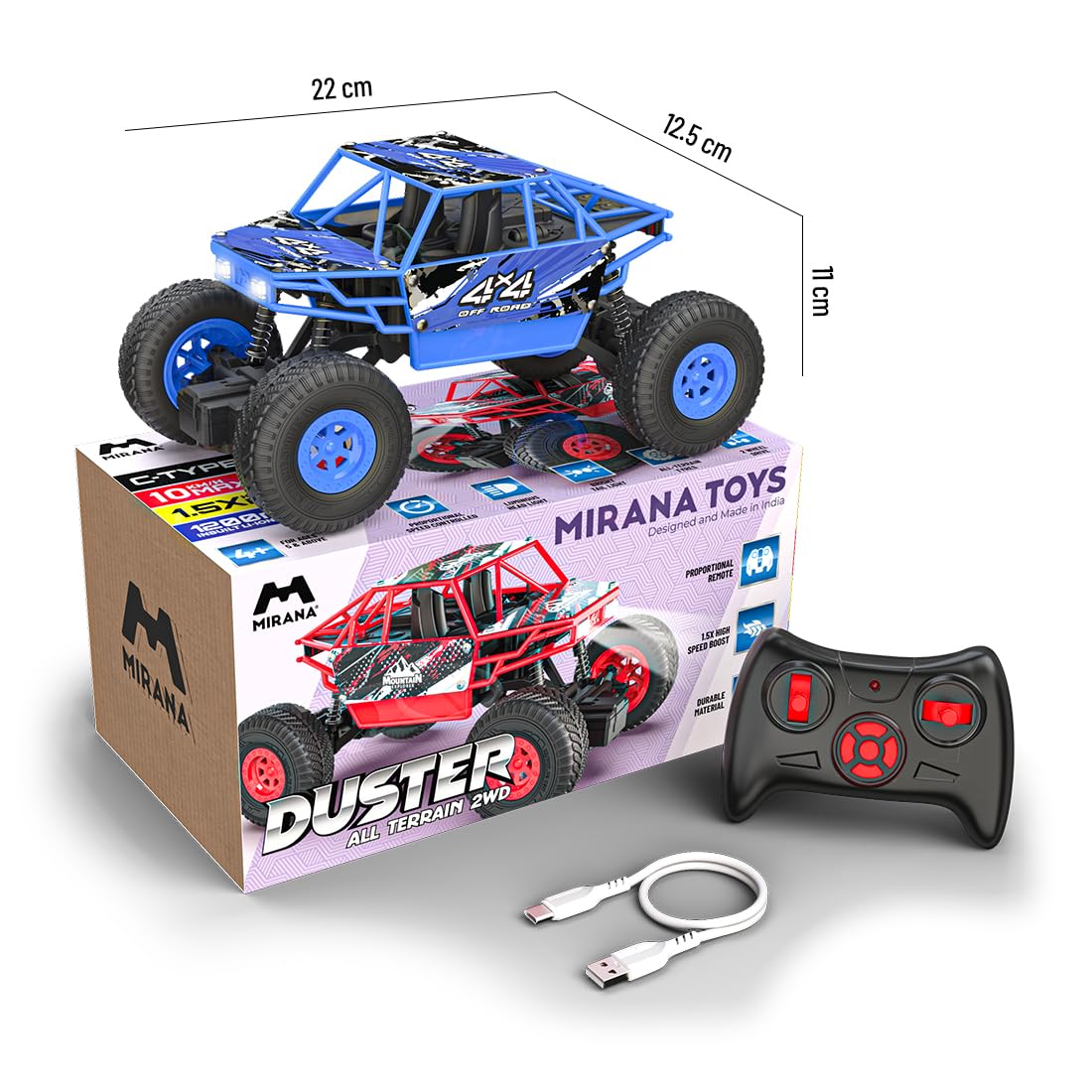 Mirana Duster 2WD Rock Crawler 4x4 | Rechargeable Offroad Monster Truck | High Speed ATV RC Car with Nitro Boost | Remote Control Car Toys for Kids | Made in India (2 Wheel Drive, Green)