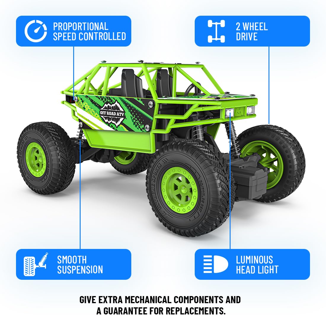 Mirana Duster 2WD Rock Crawler 4x4 | Rechargeable Offroad Monster Truck | High Speed ATV RC Car with Nitro Boost | Remote Control Car Toys for Kids | Made in India (2 Wheel Drive, Green)