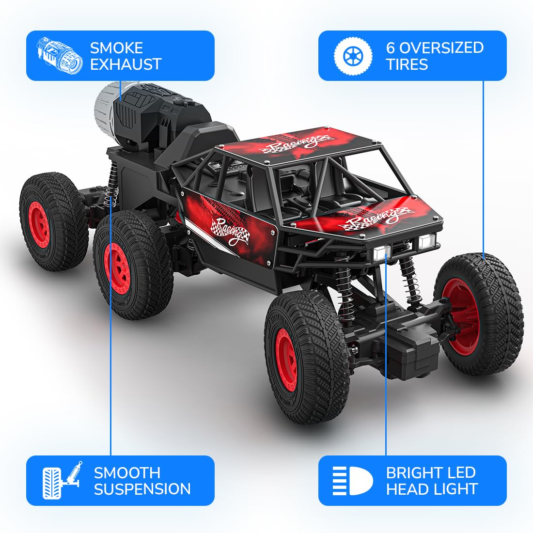 Mirana Mega Ranger | 6WD 4x4 RC Car Toy for Kids | High Speed ATV Remote Control Rock Crawler with Smoke Exhaust | C-Type USB Rechargeable Offroad Monster Truck | Gift for Boys & Girls (Silver)