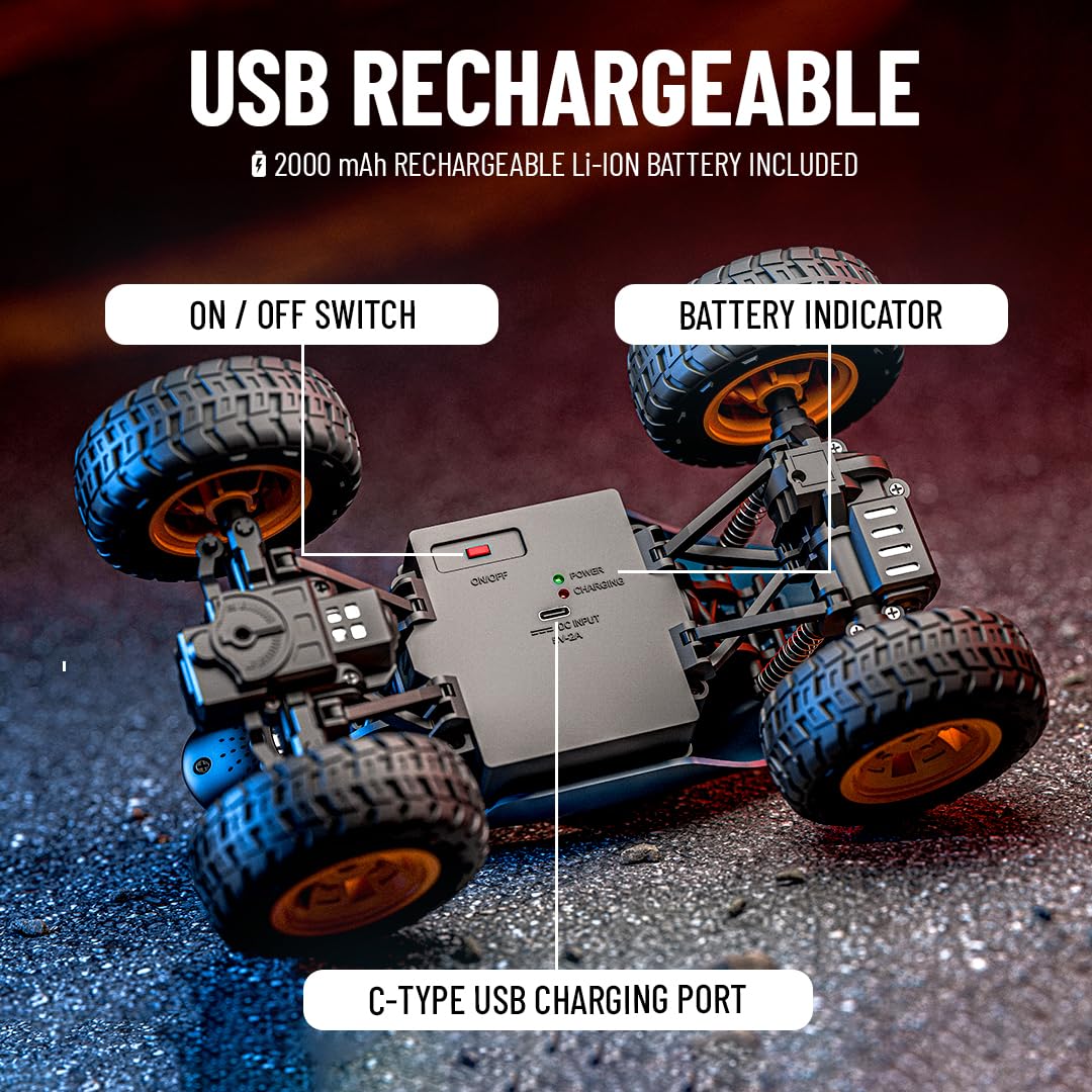 Mirana Spiker 2WD RC Car for Kids | High-Speed ATV Remote & App-Controlled Rock Crawler | USB Rechargeable Offroad Monster Truck with Bluetooth Speakers & RGB Lights | Gift for Boys & Girls