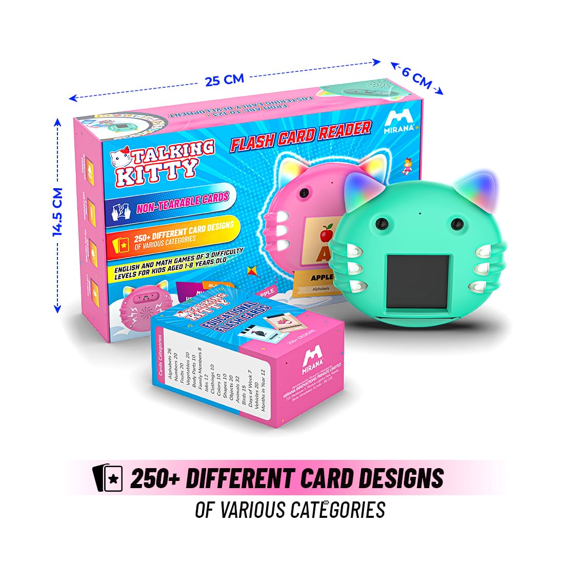 Mirana Talking Kitty - Montessori Educational Flash Cards - Interactive Learning Toy for Kids Boys Girls - Multiple Game Modes Alphabets & Math - USB Type-C Rechargeable - Age 2+ Years (Blue, Medium)