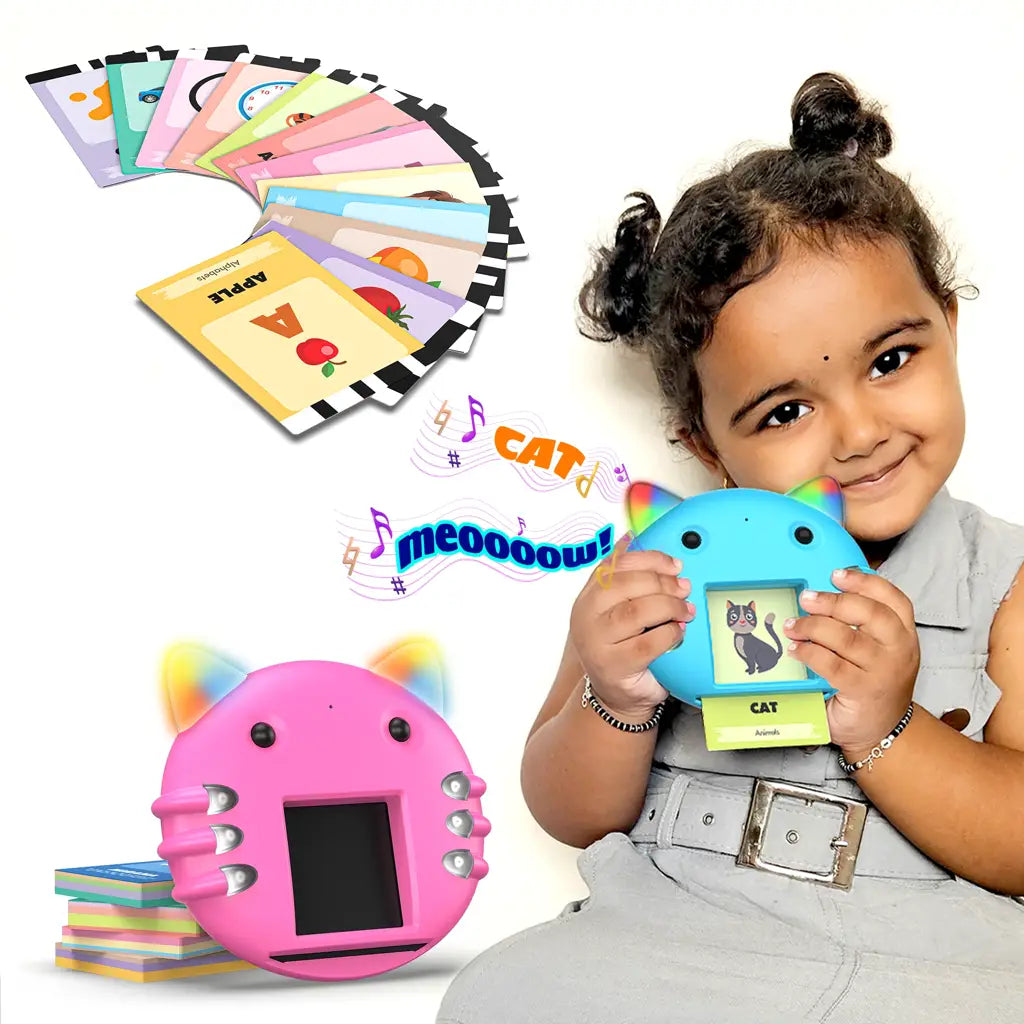 Mirana Talking Kitty - Montessori Educational Flash Cards - Interactive Learning Toy for Kids Boys Girls - Multiple Game Modes Alphabets & Math - USB Type-C Rechargeable - Age 2+ Years (Blue, Medium)